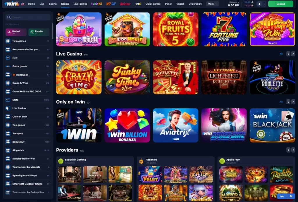 1WIN Online Casino games lobby